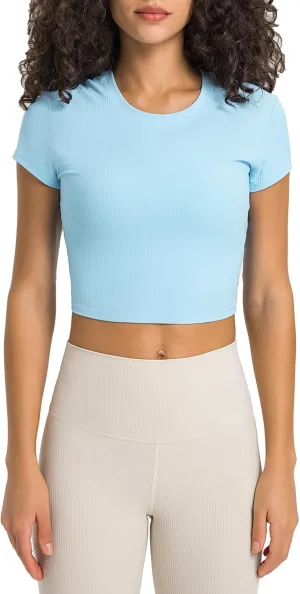 Ukaste Women's Petite Ribbed Short-Sleeve Crewneck Crop T-Shirt - Athletic Yoga Tee Tops for Juniors