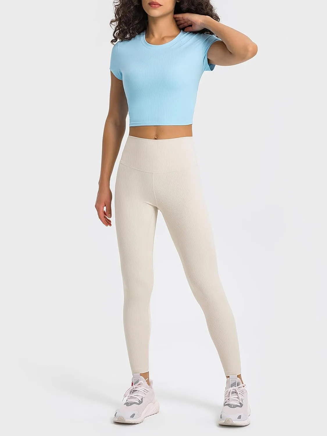 Ukaste Women's Petite Ribbed Short-Sleeve Crewneck Crop T-Shirt - Athletic Yoga Tee Tops for Juniors