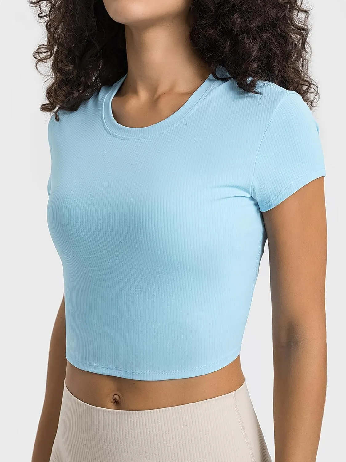 Ukaste Women's Petite Ribbed Short-Sleeve Crewneck Crop T-Shirt - Athletic Yoga Tee Tops for Juniors