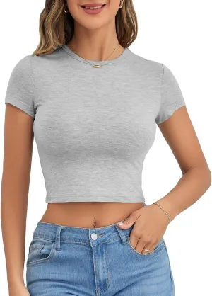 Verdusa Women's Casual Basic Cap Sleeve Slim Fitted Round Neck Crop Tee Top