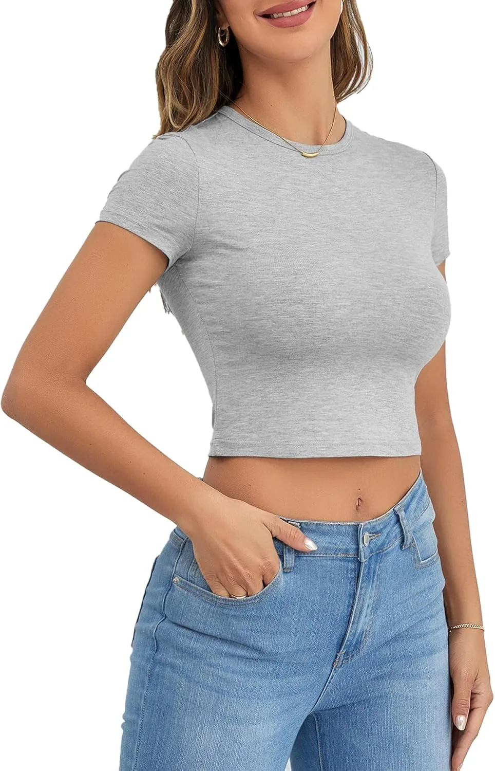 Verdusa Women's Casual Basic Cap Sleeve Slim Fitted Round Neck Crop Tee Top