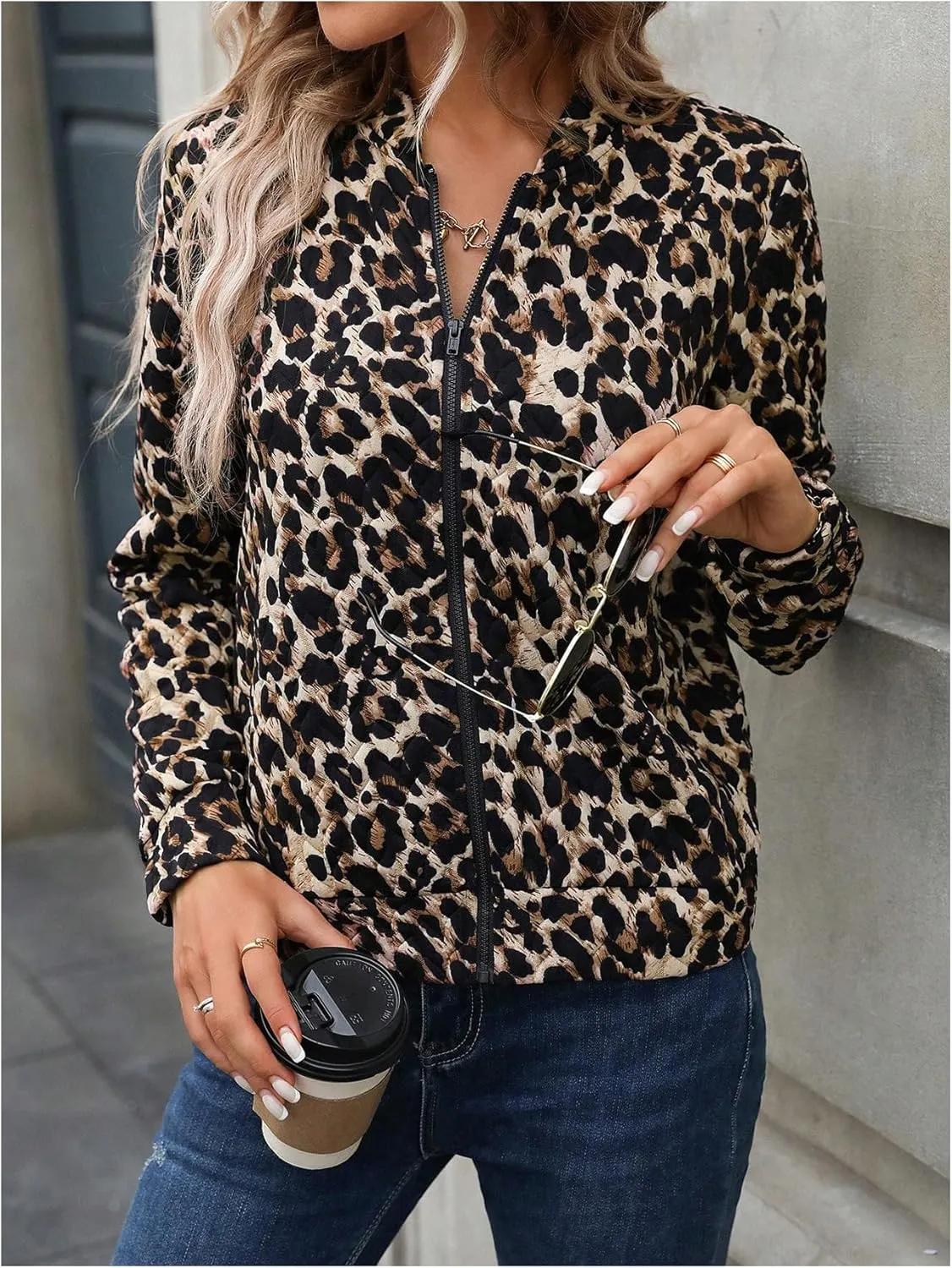 Verdusa Women's Zip Up Textured Bomber Jacket Casual Long Sleeve Outerwear