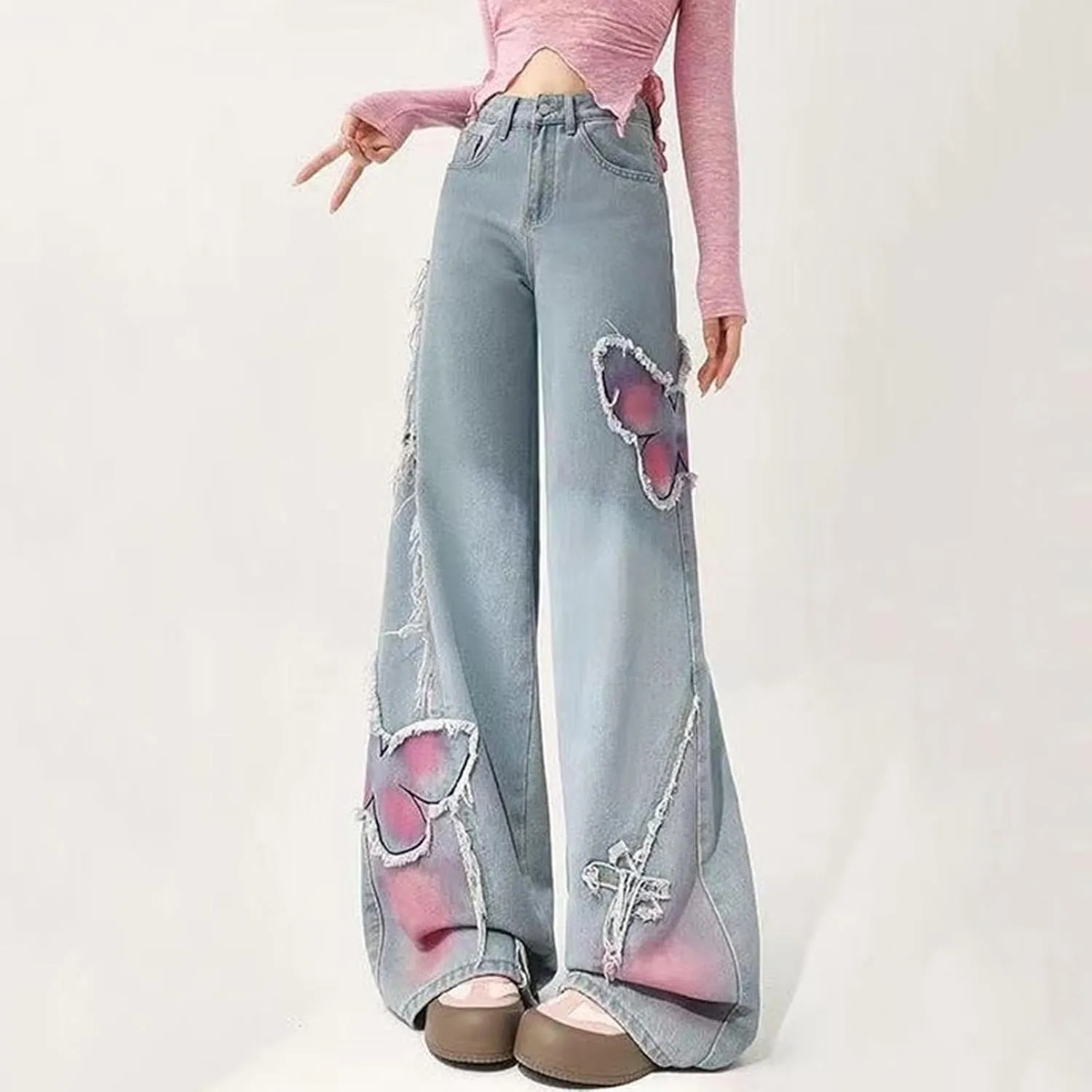Viatabuna Wide Leg Butterfly Jeans for Women Y2k Embroidered Grunge Baggy Jeans Teen Girls Raw Trim Crop Jeans Streetwear