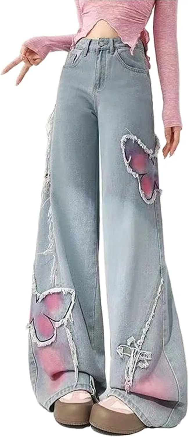 Viatabuna Wide Leg Butterfly Jeans for Women Y2k Embroidered Grunge Baggy Jeans Teen Girls Raw Trim Crop Jeans Streetwear