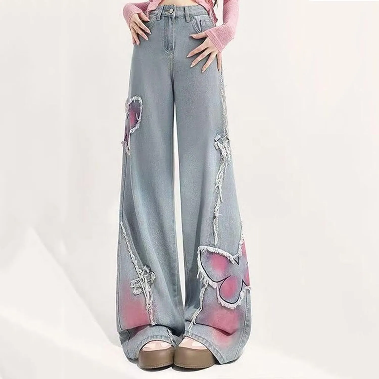 Viatabuna Wide Leg Butterfly Jeans for Women Y2k Embroidered Grunge Baggy Jeans Teen Girls Raw Trim Crop Jeans Streetwear