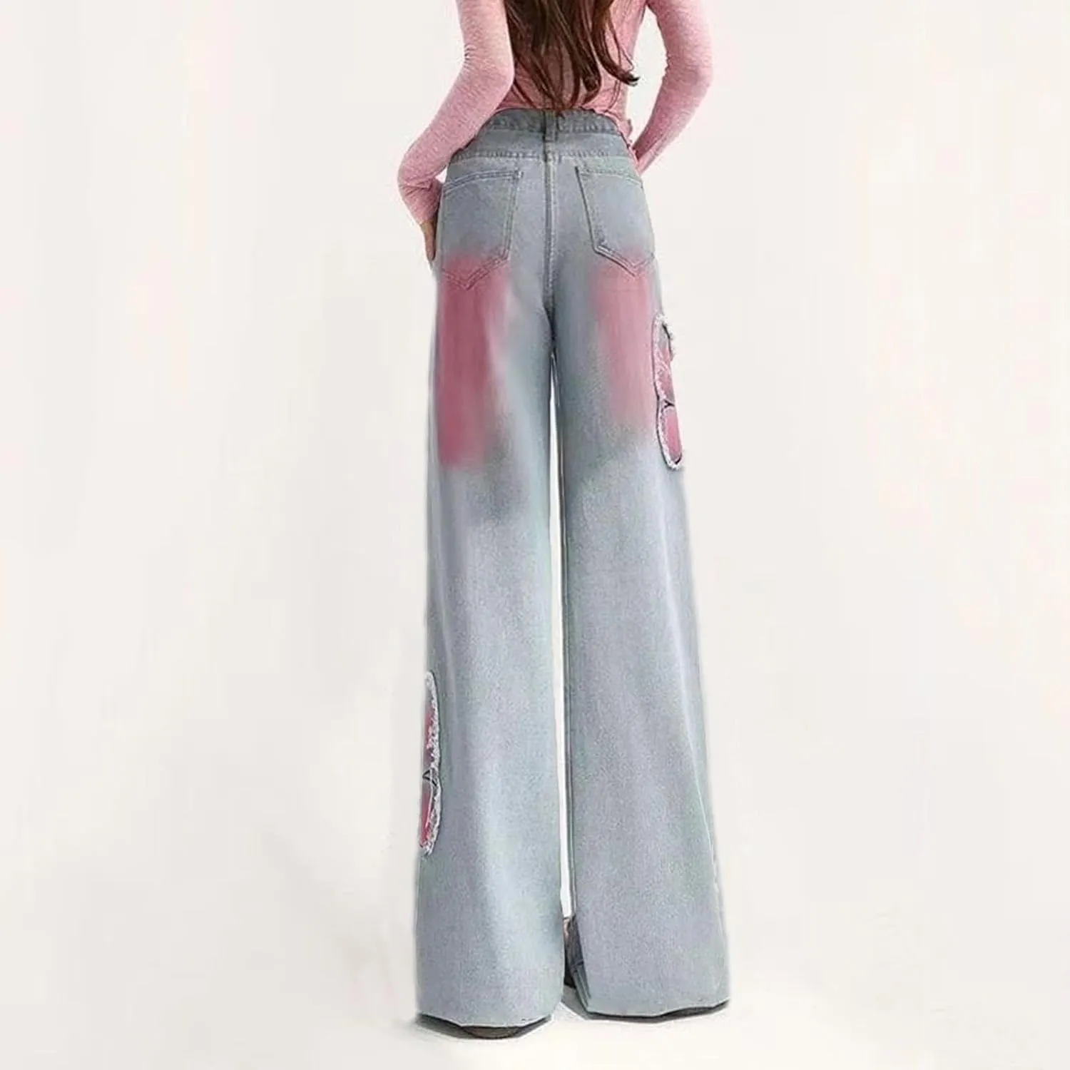 Viatabuna Wide Leg Butterfly Jeans for Women Y2k Embroidered Grunge Baggy Jeans Teen Girls Raw Trim Crop Jeans Streetwear