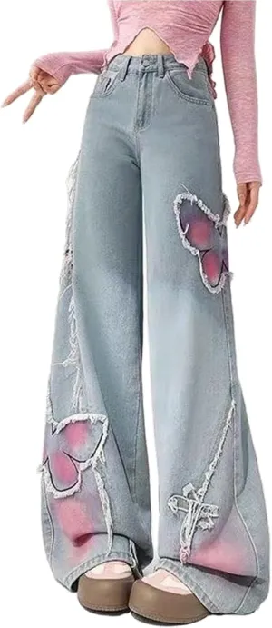 Viatabuna Wide Leg Butterfly Jeans for Women Y2k Embroidered Grunge Baggy Jeans Teen Girls Raw Trim Crop Jeans Streetwear