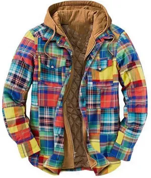 WANZZXCSL Men's Fashion Casual Men's Quilted Lined Button Down Plaid Shirt Add Velvet to Keep Warm Jacket with Hood
