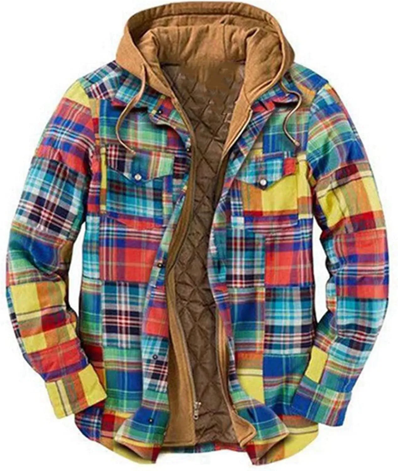 WANZZXCSL Men's Fashion Casual Men's Quilted Lined Button Down Plaid Shirt Add Velvet to Keep Warm Jacket with Hood