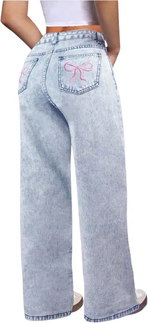 WDIRARA Girl's Bowknot Embroidery Wide Leg Jeans Y2k Baggy Denim Pants