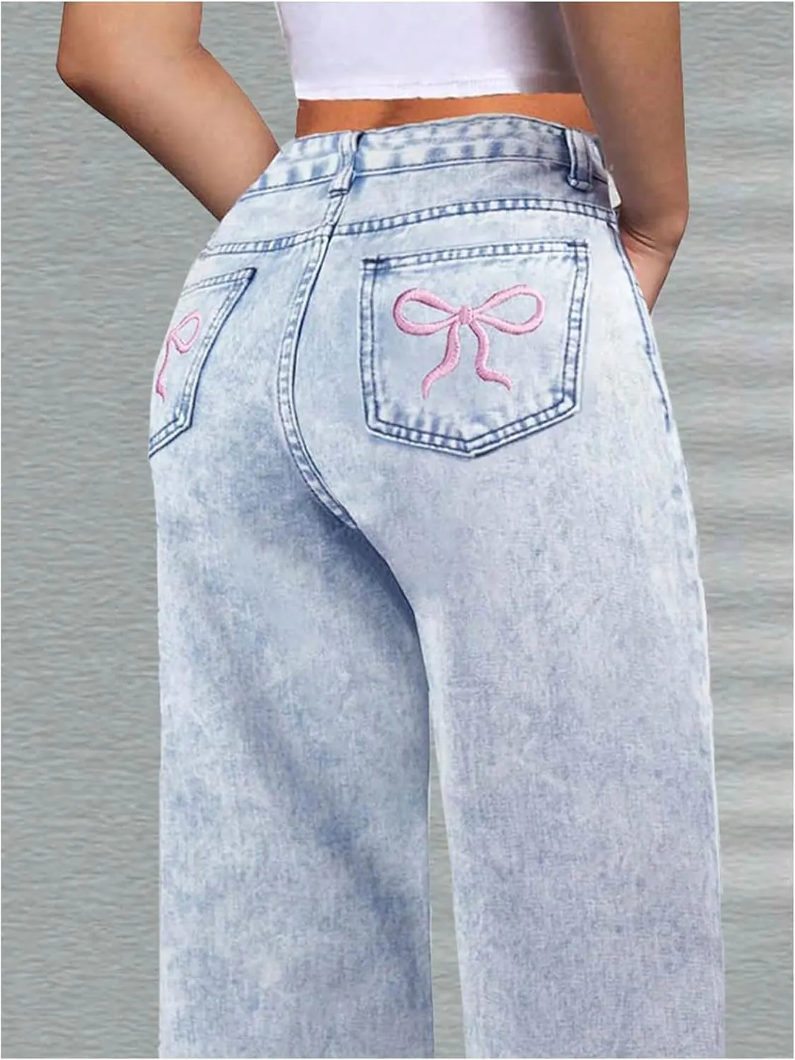 WDIRARA Girl's Bowknot Embroidery Wide Leg Jeans Y2k Baggy Denim Pants