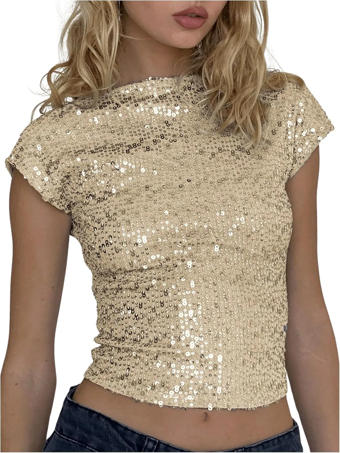 WDIRARA Women's Sequin Boat Neck Shirts Sparkle Glitter Backless Tee Cap Sleeve Crop Tops