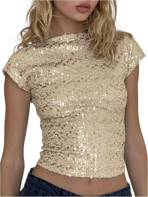 WDIRARA Women's Sequin Boat Neck Shirts Sparkle Glitter Backless Tee Cap Sleeve Crop Tops