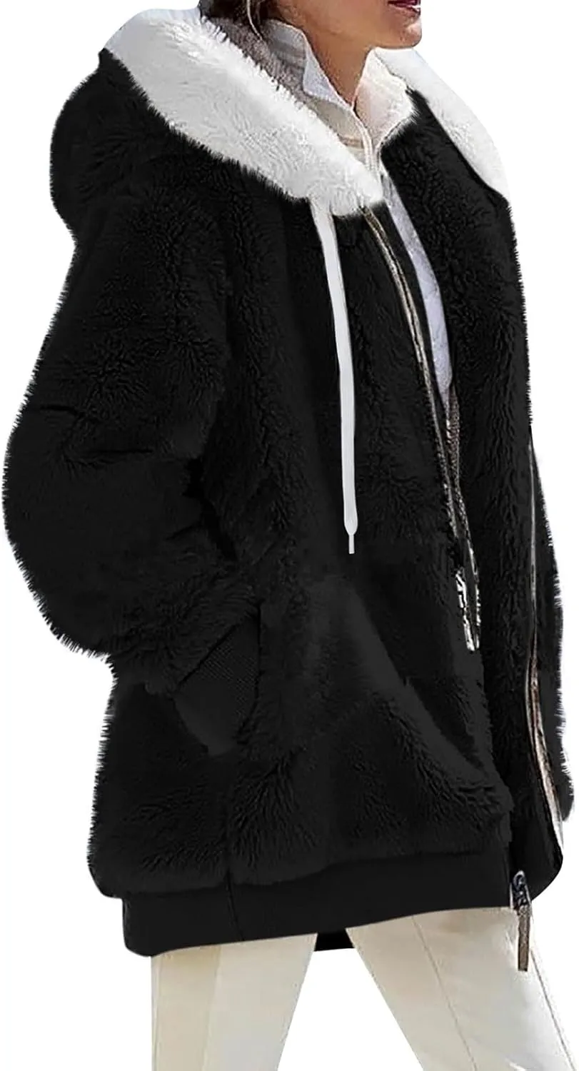 Winter Coats for Women 2024 Long Sleeve Faux Fur Fleece Jacket Zipper Plus Size Hooded Fuzzy Outerwear With Pockets