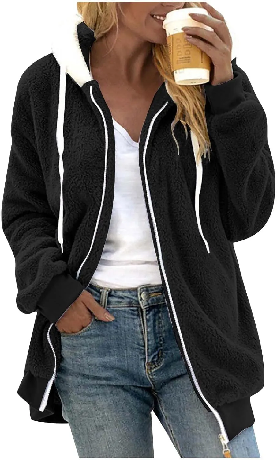 Winter Coats for Women 2024 Long Sleeve Faux Fur Fleece Jacket Zipper Plus Size Hooded Fuzzy Outerwear With Pockets