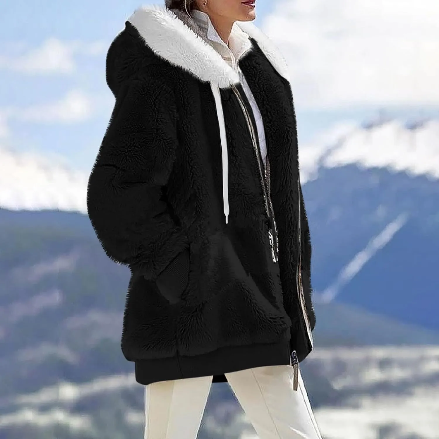 Winter Coats for Women 2024 Long Sleeve Faux Fur Fleece Jacket Zipper Plus Size Hooded Fuzzy Outerwear With Pockets