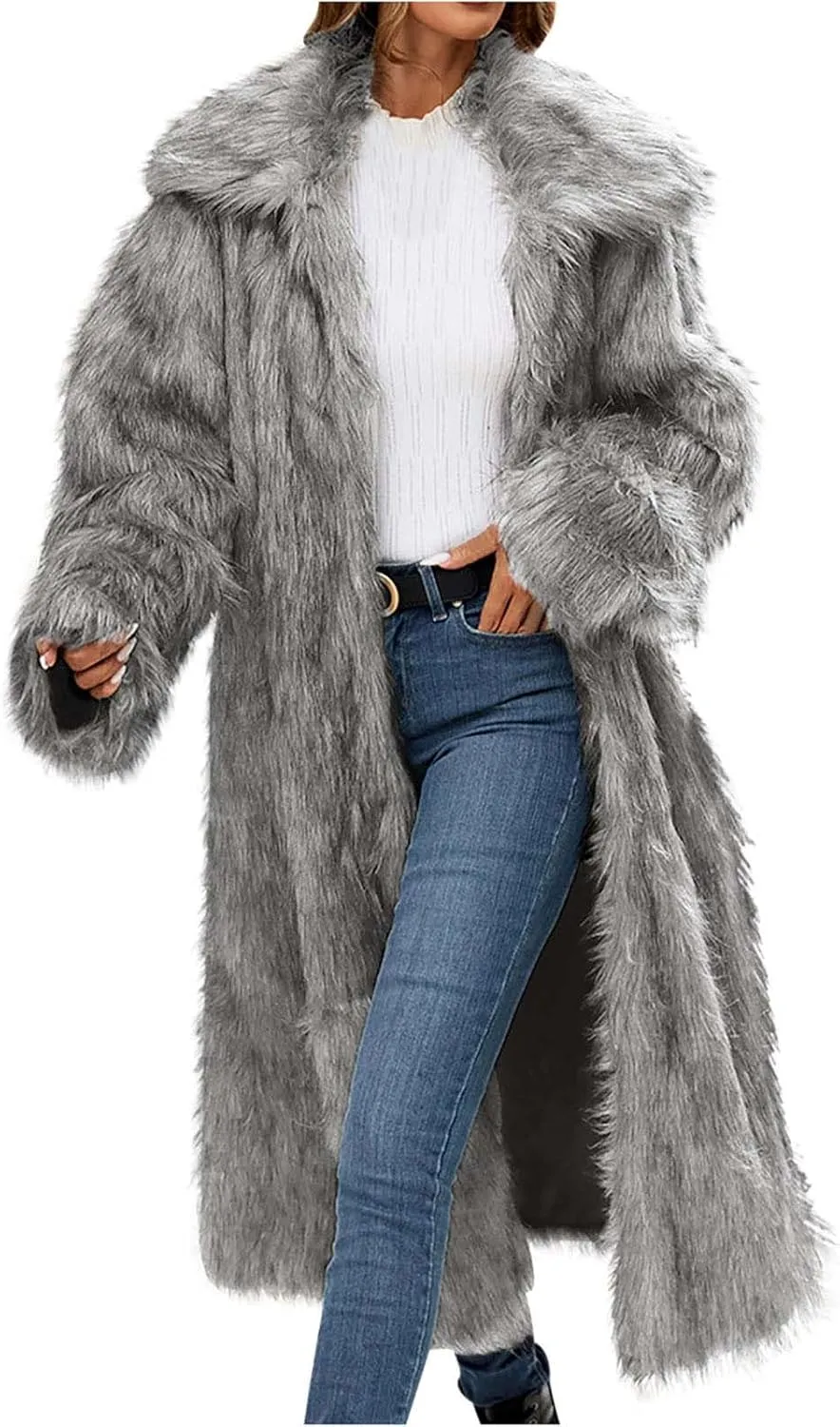 Winter Coats for Women Long Faux Fur Cardigan Leopard Print Fuzzy Jacket Fleece Trench Coat Elegant Cardigan Coat