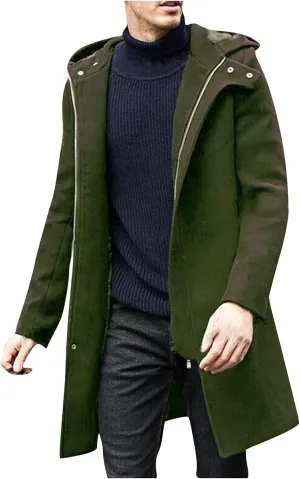 Winter Jackets for Men Long Trench Coat Zip Up Jacket with Hood Wool Blend Peacoat Warm Thick Outerwear 2024