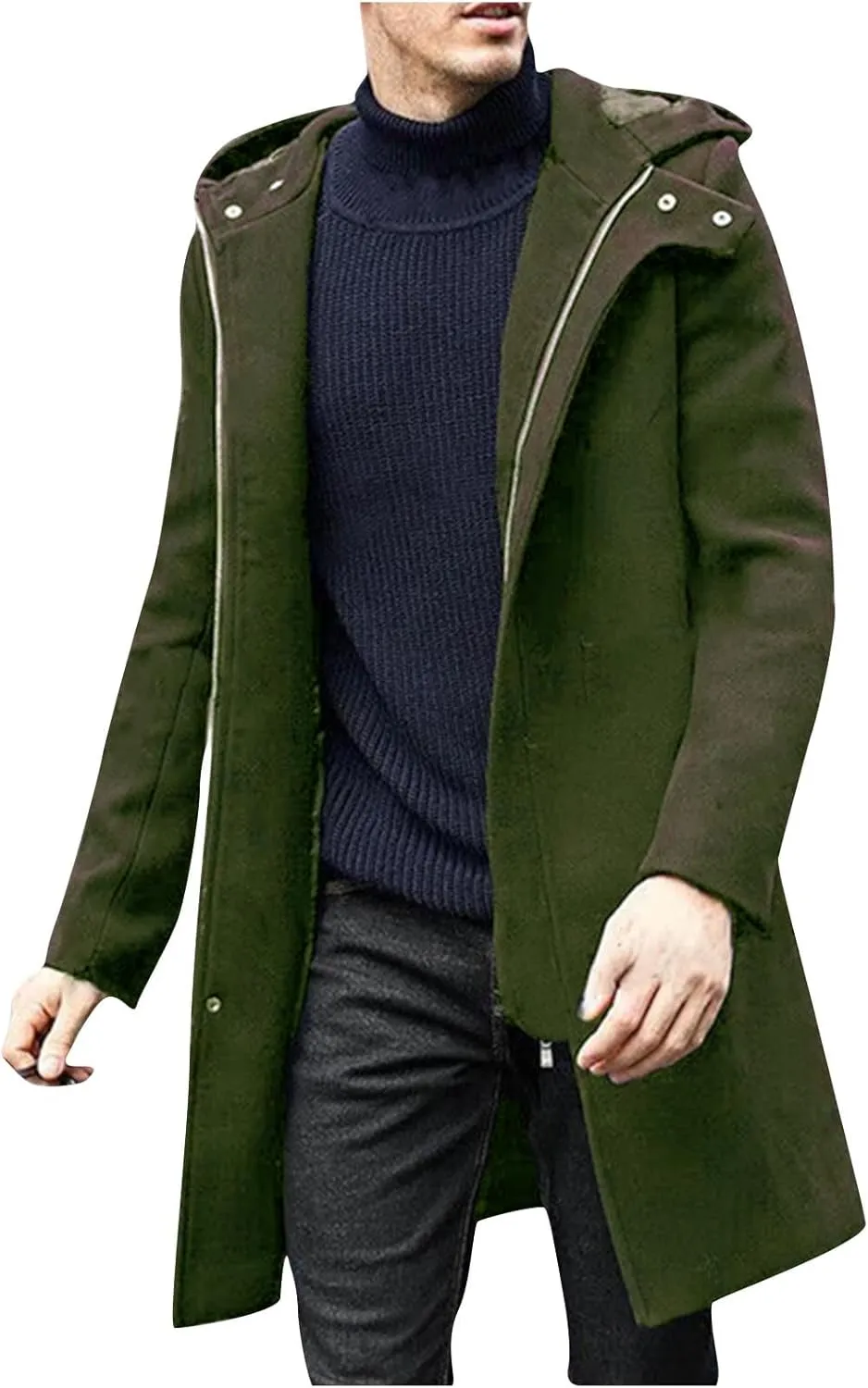 Winter Jackets for Men Long Trench Coat Zip Up Jacket with Hood Wool Blend Peacoat Warm Thick Outerwear 2024