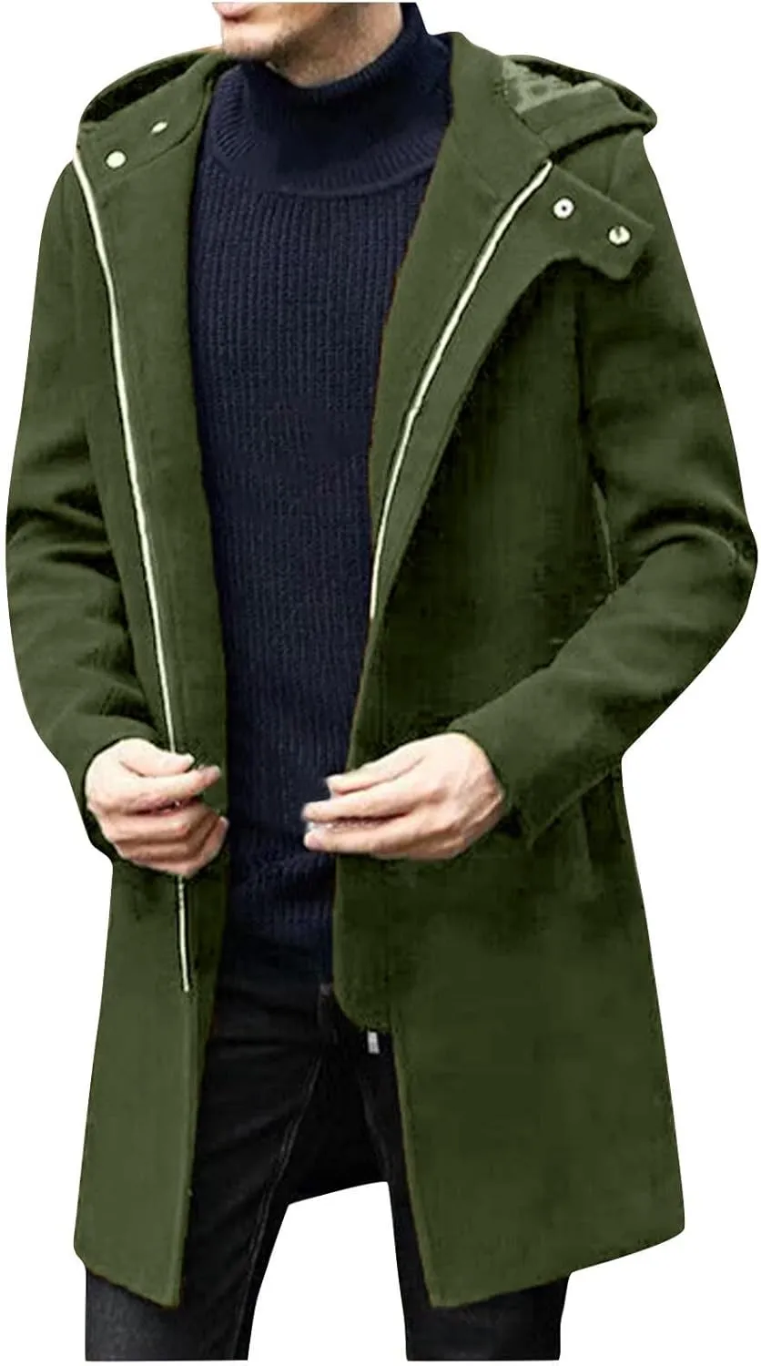 Winter Jackets for Men Long Trench Coat Zip Up Jacket with Hood Wool Blend Peacoat Warm Thick Outerwear 2024
