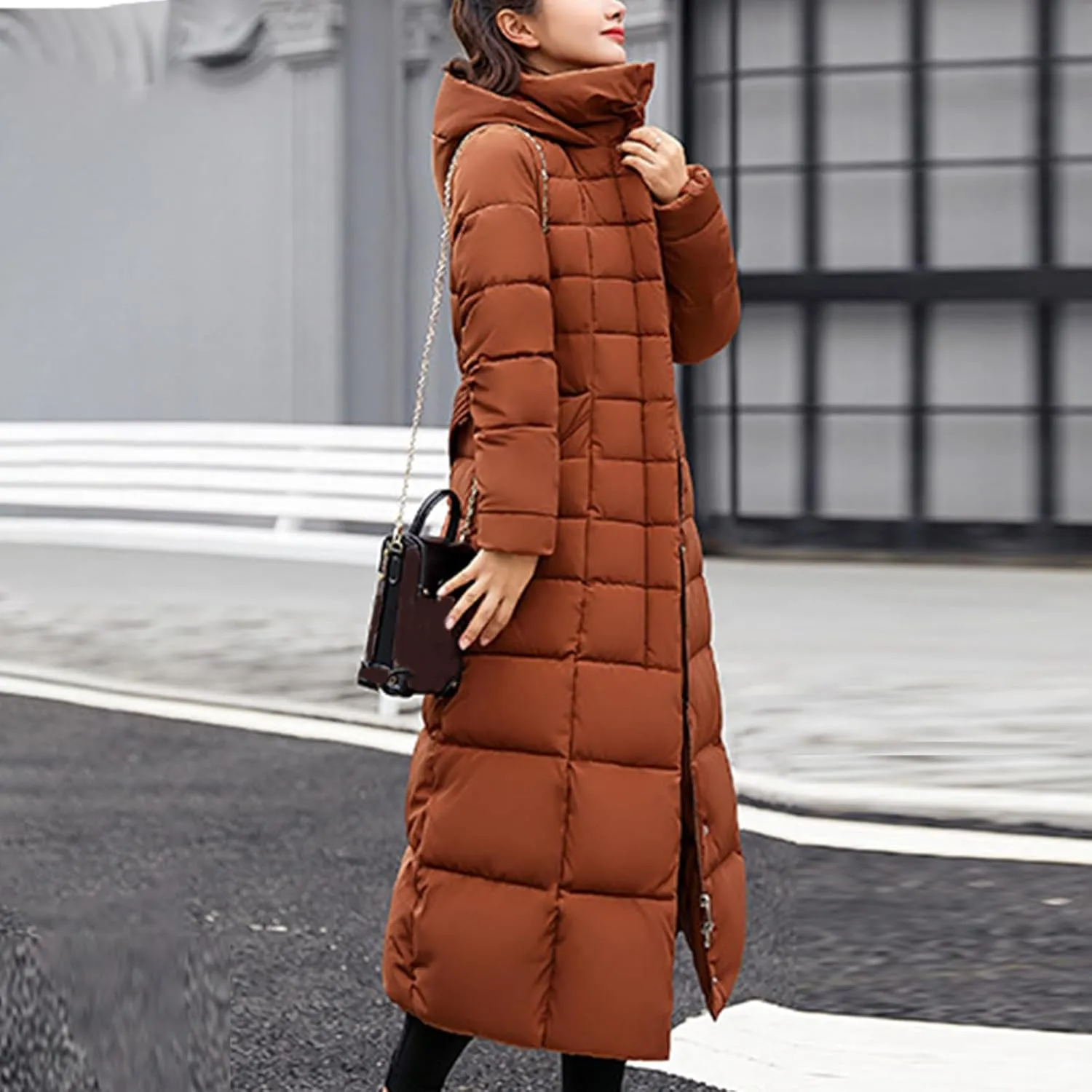Winter Warm Coats for Women Thick Cotton Down Jacket Solid Color Hooded Padded Outerwear with Detachable Fur Collar