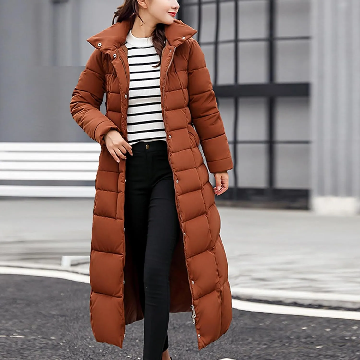 Winter Warm Coats for Women Thick Cotton Down Jacket Solid Color Hooded Padded Outerwear with Detachable Fur Collar