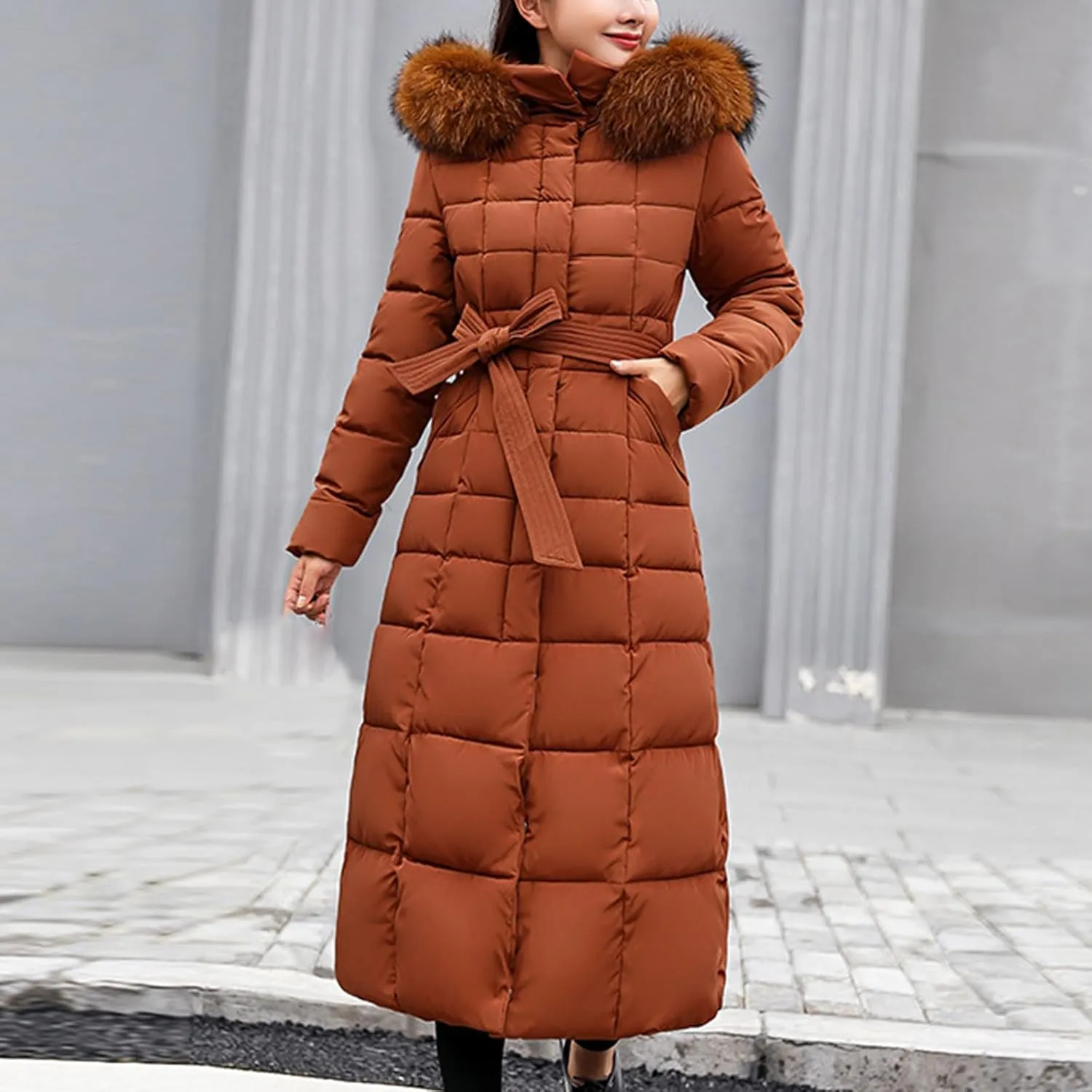 Winter Warm Coats for Women Thick Cotton Down Jacket Solid Color Hooded Padded Outerwear with Detachable Fur Collar