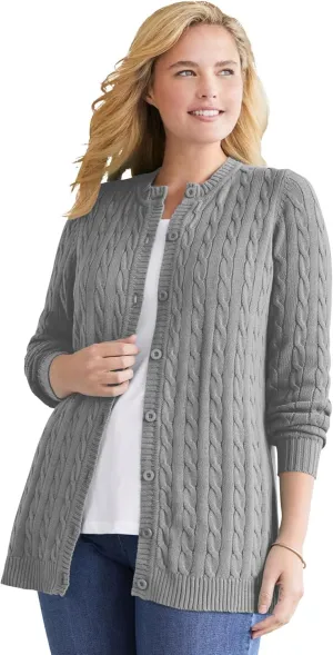 Woman Within Plus Size Cotton Cable Knit Cardigan Sweater