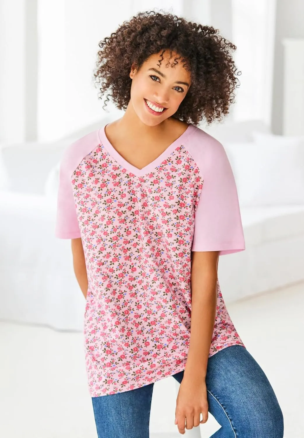 Woman Within Women's Plus Size Elbow Sleeve V-Neck Baseball Tee
