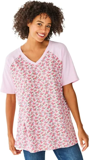 Woman Within Women's Plus Size Elbow Sleeve V-Neck Baseball Tee