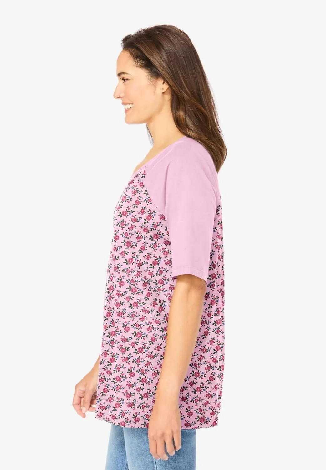 Woman Within Women's Plus Size Elbow Sleeve V-Neck Baseball Tee
