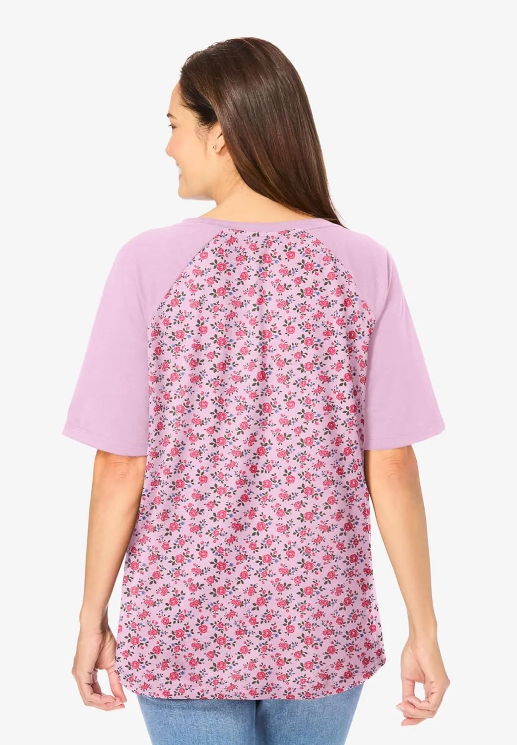Woman Within Women's Plus Size Elbow Sleeve V-Neck Baseball Tee