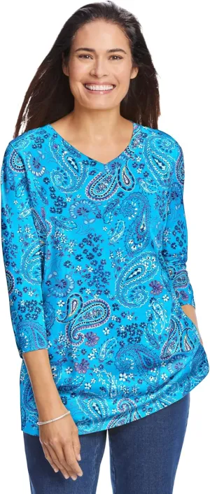 Woman Within Women's Plus Size Perfect Printed Three-Quarter Sleeve V-Neck Tee