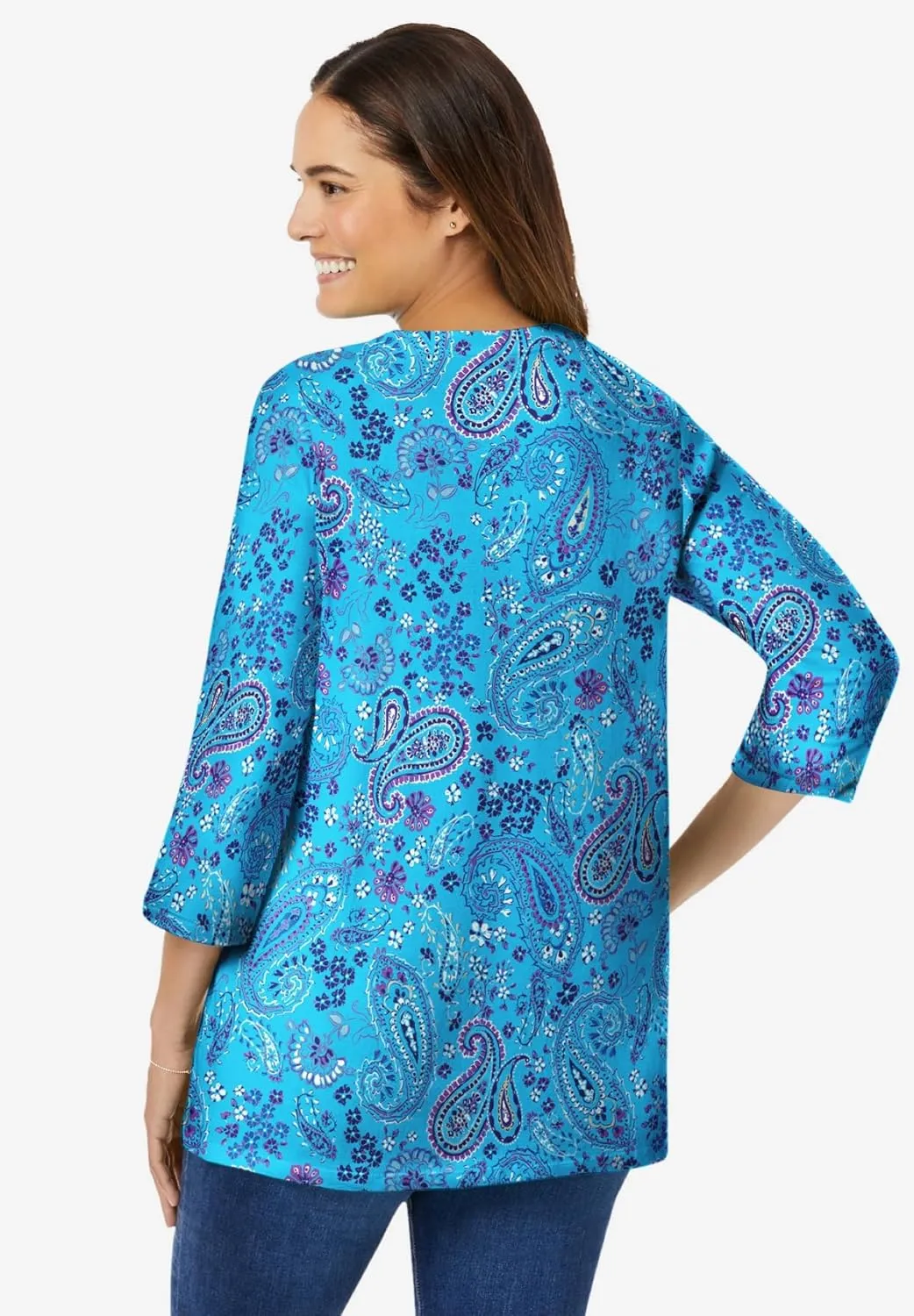 Woman Within Women's Plus Size Perfect Printed Three-Quarter Sleeve V-Neck Tee