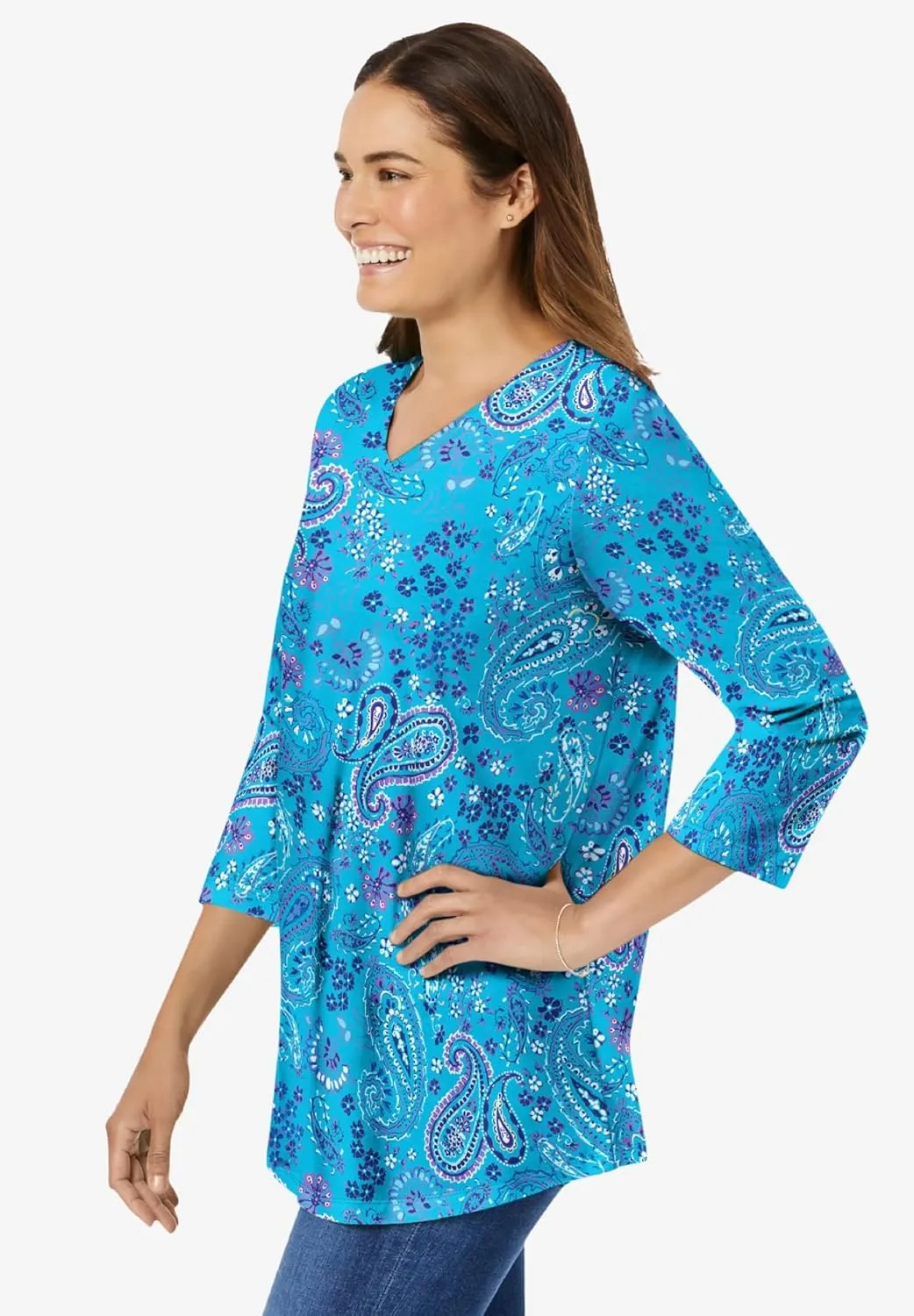 Woman Within Women's Plus Size Perfect Printed Three-Quarter Sleeve V-Neck Tee