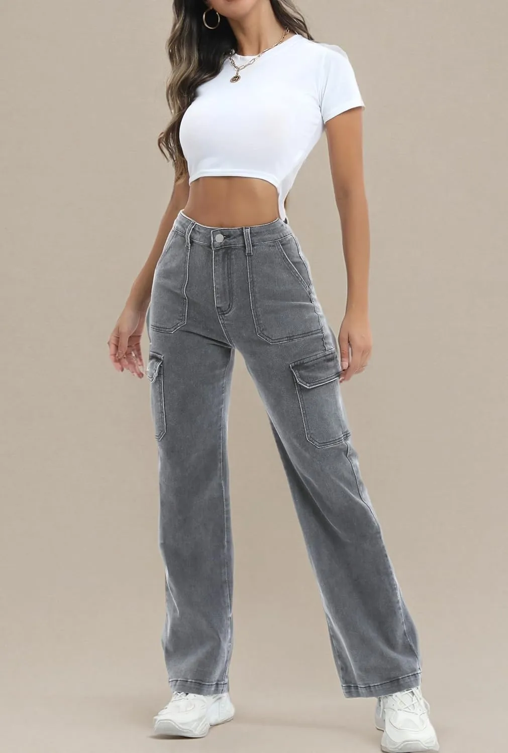 Women Cargo Jeans High Waist Y2K Straight Leg Trendy Stretchy Lightweight Jeans for Women