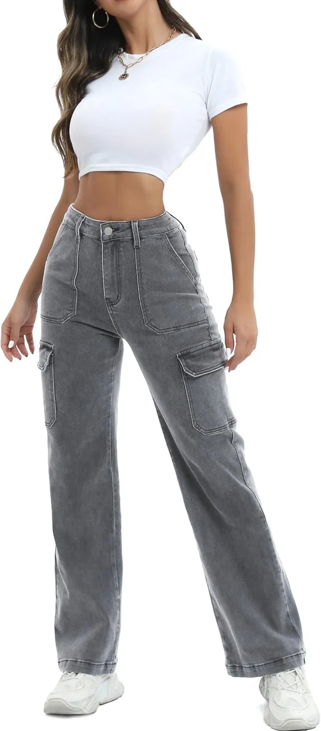 Women Cargo Jeans High Waist Y2K Straight Leg Trendy Stretchy Lightweight Jeans for Women