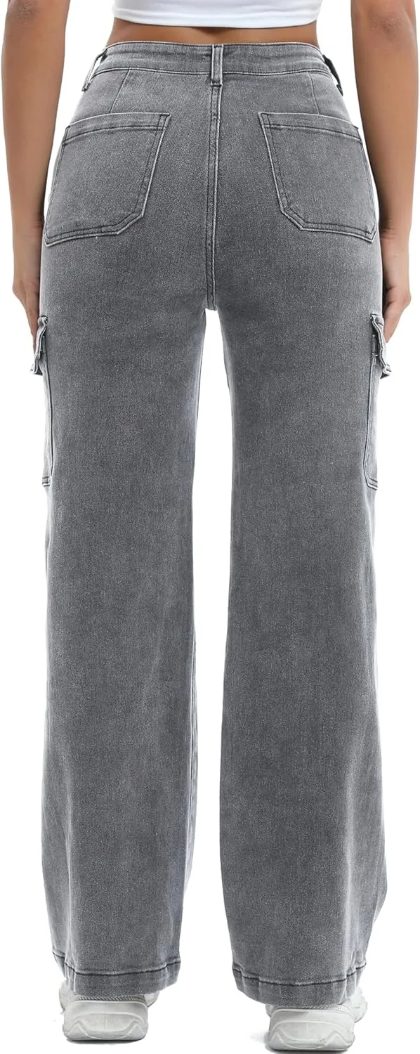Women Cargo Jeans High Waist Y2K Straight Leg Trendy Stretchy Lightweight Jeans for Women