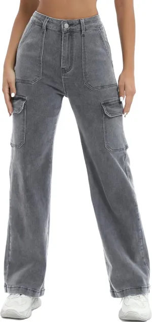 Women Cargo Jeans High Waist Y2K Straight Leg Trendy Stretchy Lightweight Jeans for Women