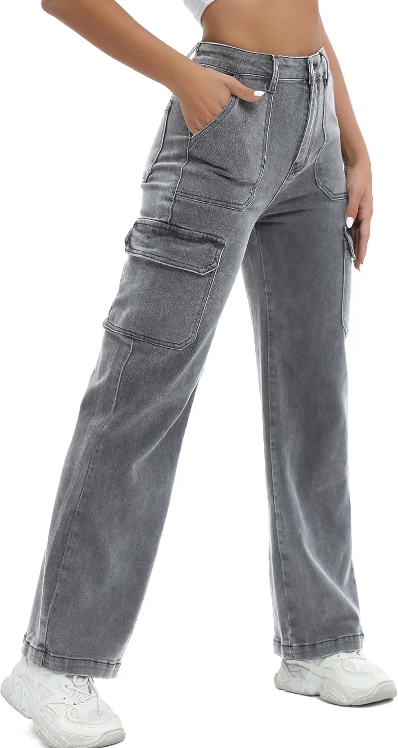 Women Cargo Jeans High Waist Y2K Straight Leg Trendy Stretchy Lightweight Jeans for Women