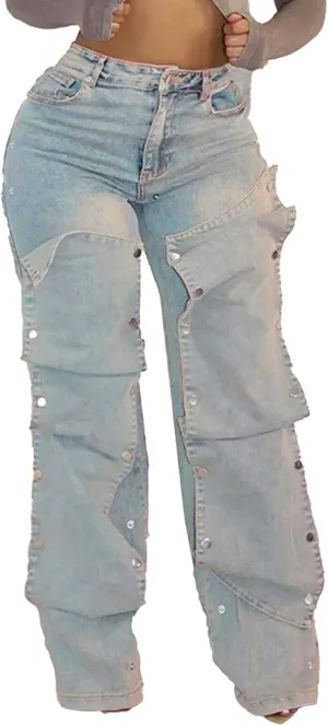 Women Detachable Straight Leg Jeans Y2k High Waisted Cargo Jeans Patchwork Denim Pants