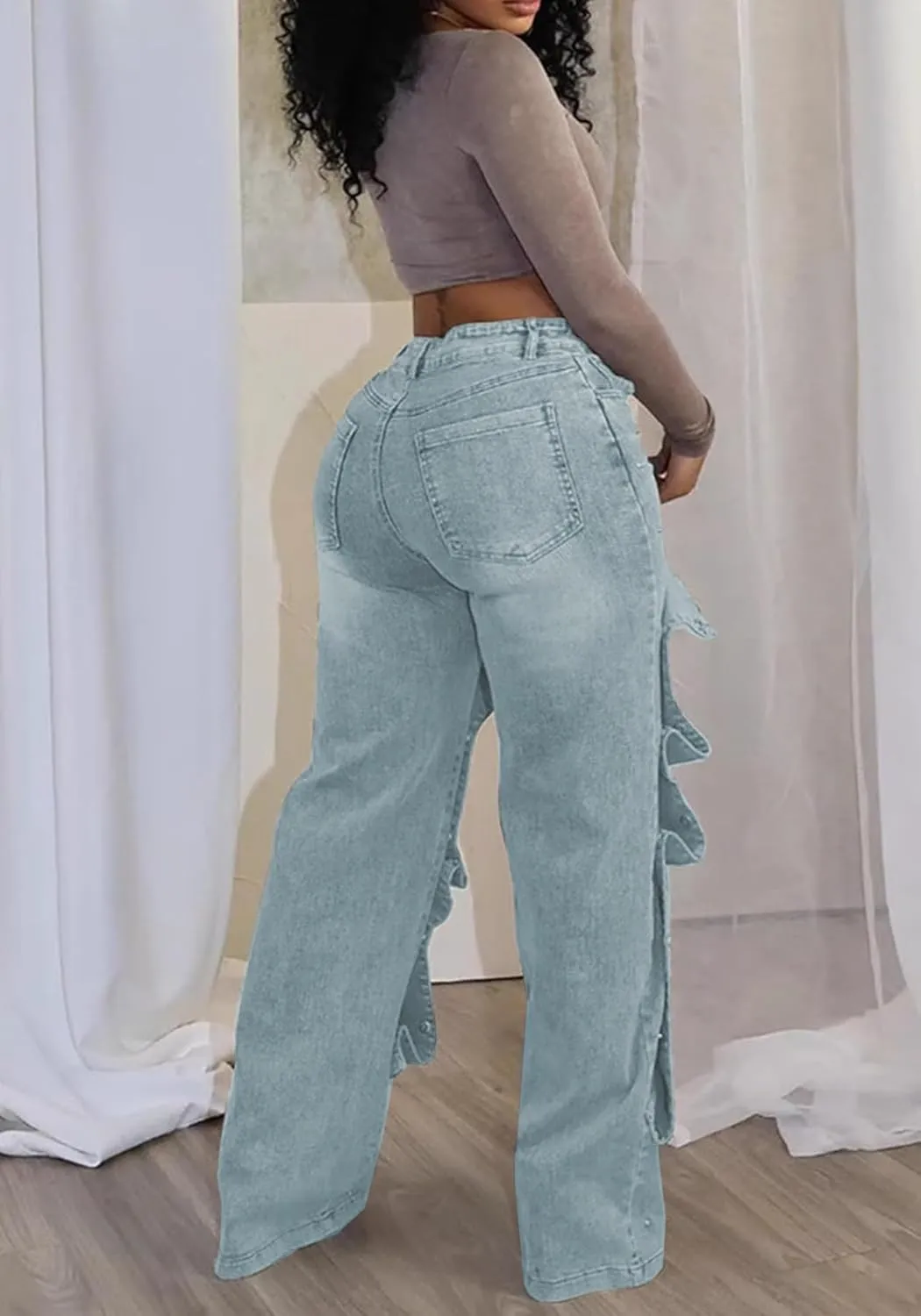 Women Detachable Straight Leg Jeans Y2k High Waisted Cargo Jeans Patchwork Denim Pants