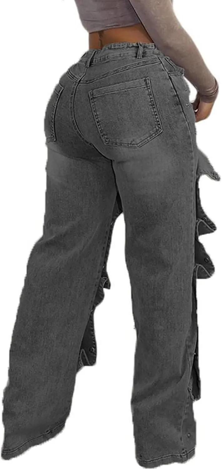 Women Detachable Straight Leg Jeans Y2k High Waisted Cargo Jeans Patchwork Denim Pants