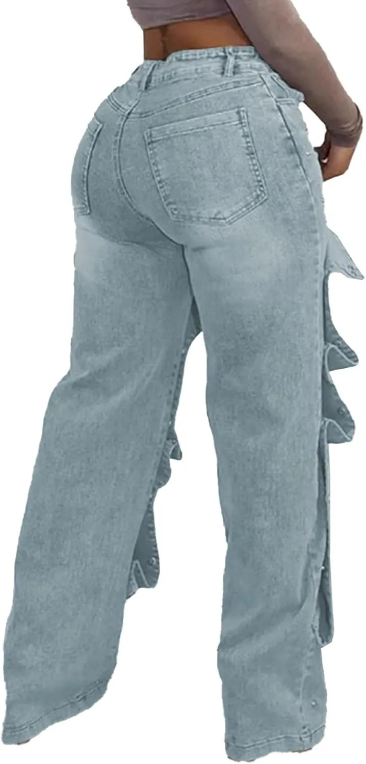 Women Detachable Straight Leg Jeans Y2k High Waisted Cargo Jeans Patchwork Denim Pants
