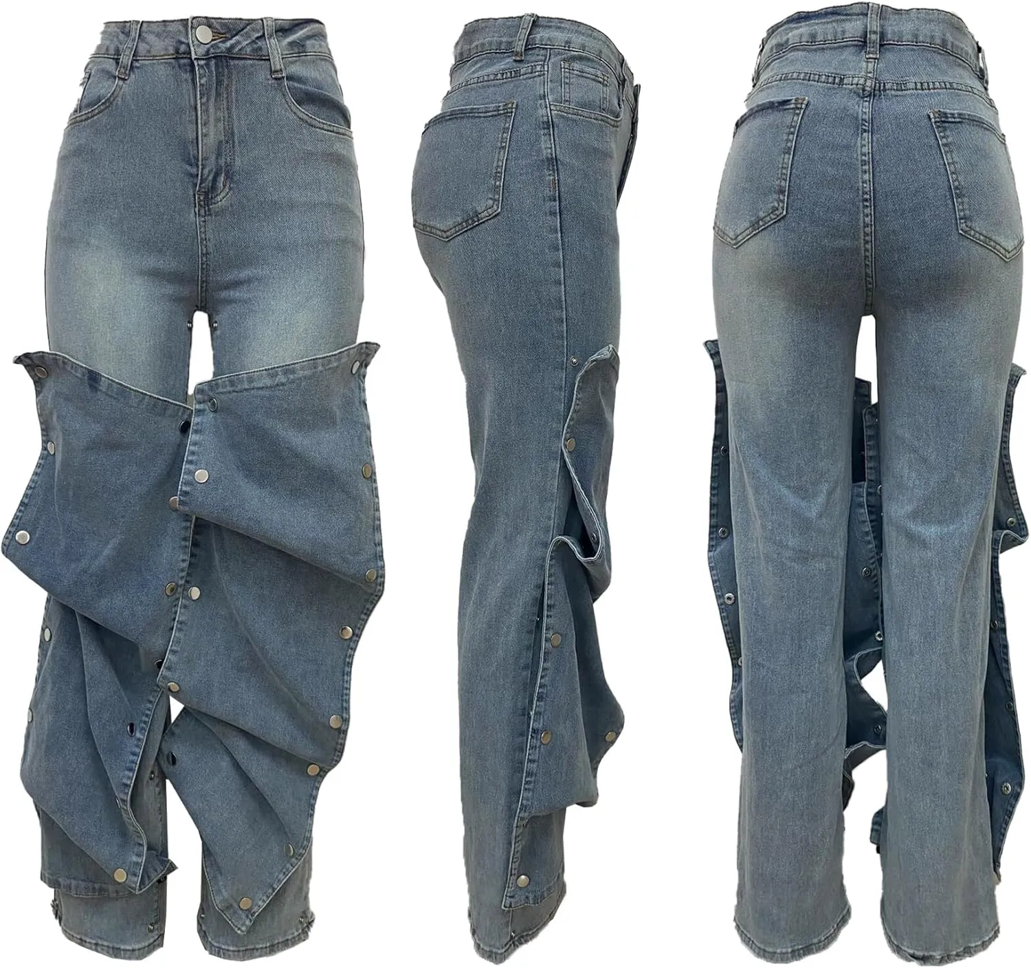 Women Detachable Straight Leg Jeans Y2k High Waisted Cargo Jeans Patchwork Denim Pants