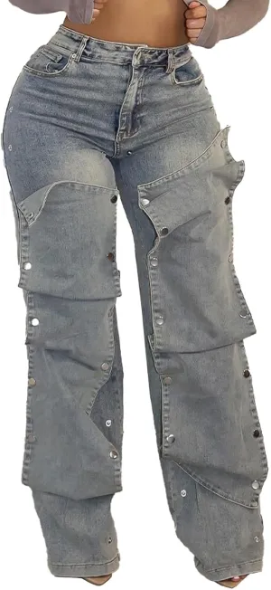 Women Detachable Straight Leg Jeans Y2k High Waisted Cargo Jeans Patchwork Denim Pants