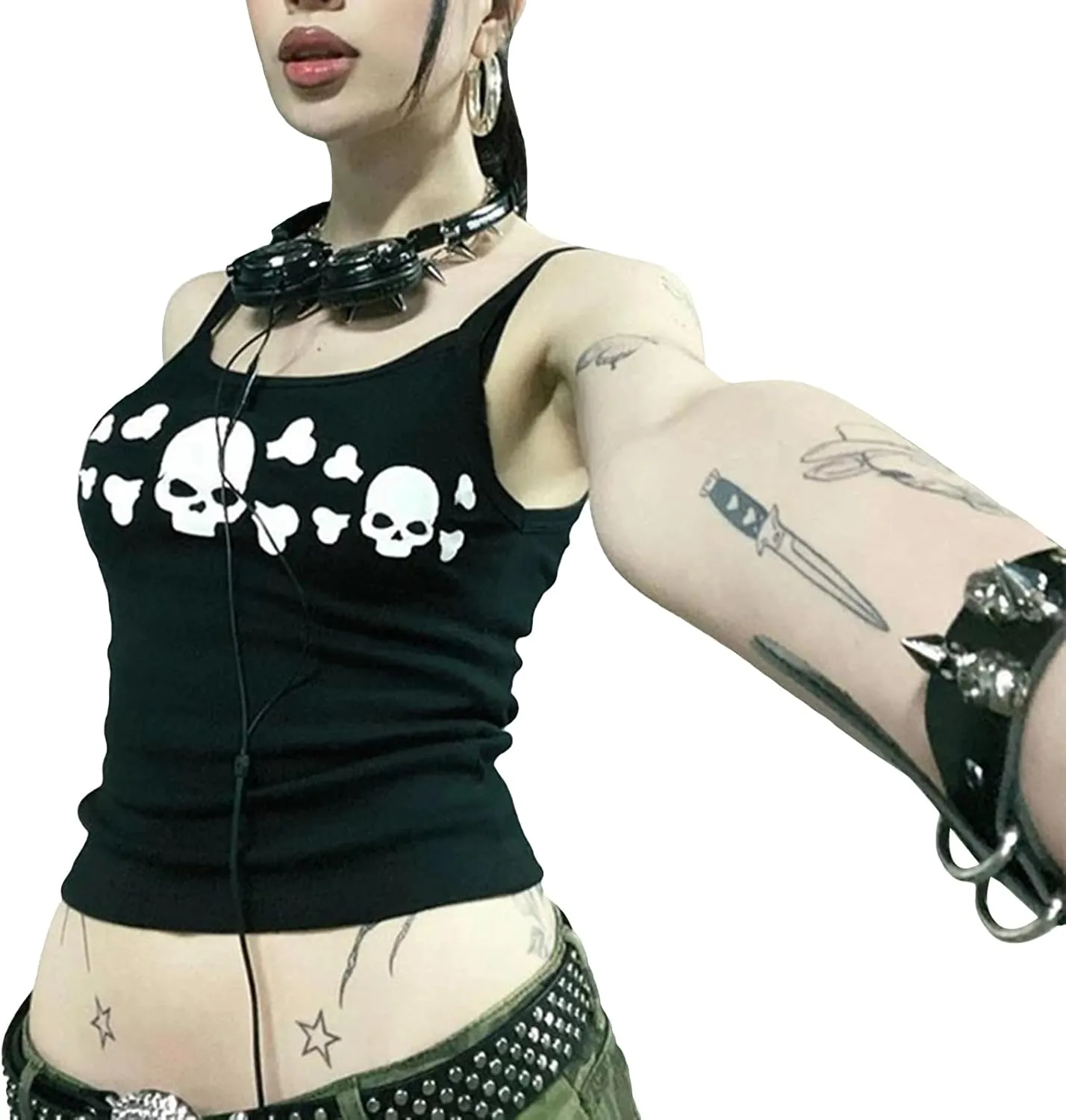 Women E Girl Gothic Camisole Y2k Grunge Crop Top Retro Halloween Skull Print Spaghetti Strap Sleeveless Vest Tank Top