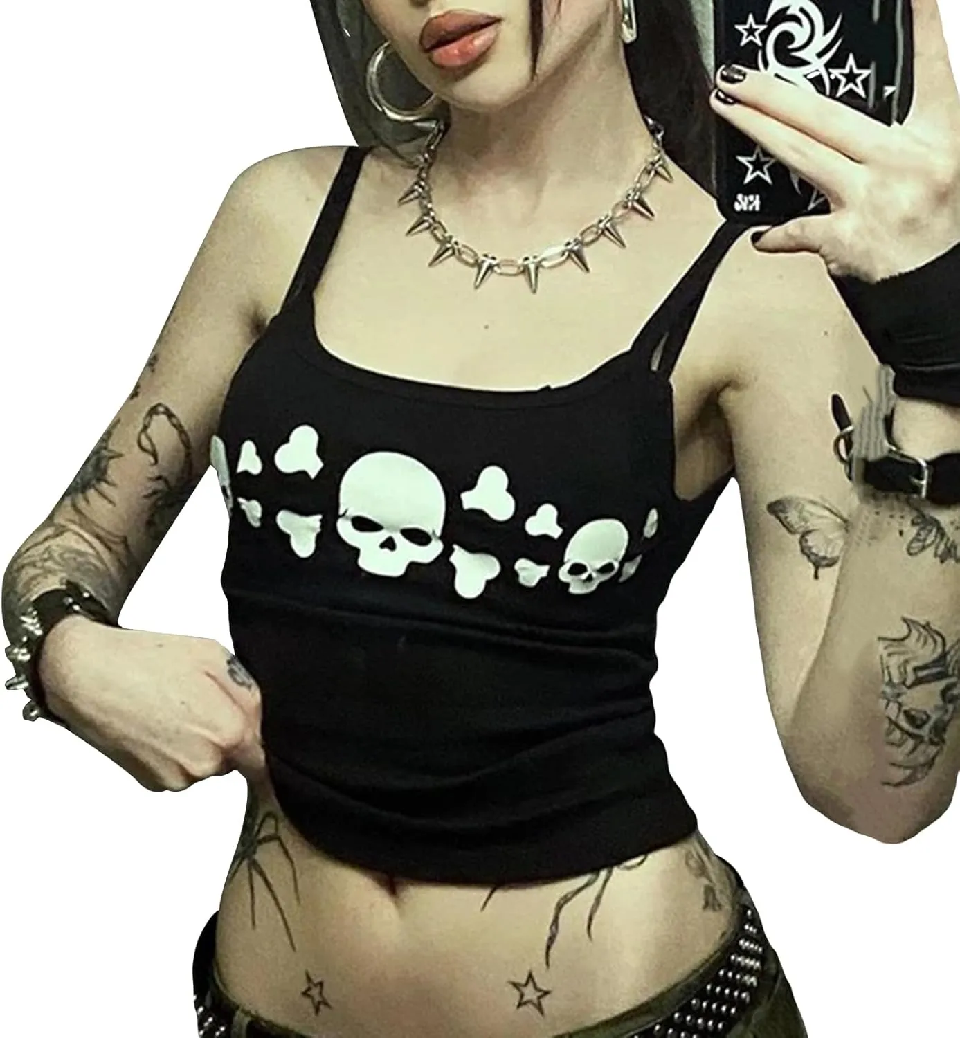 Women E Girl Gothic Camisole Y2k Grunge Crop Top Retro Halloween Skull Print Spaghetti Strap Sleeveless Vest Tank Top
