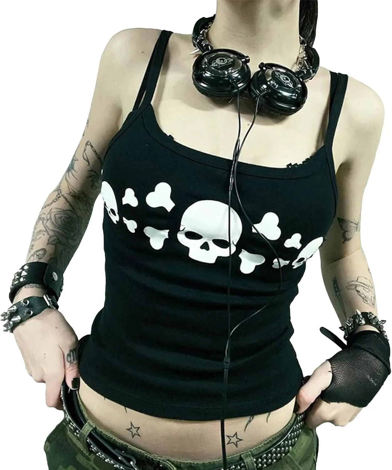 Women E Girl Gothic Camisole Y2k Grunge Crop Top Retro Halloween Skull Print Spaghetti Strap Sleeveless Vest Tank Top