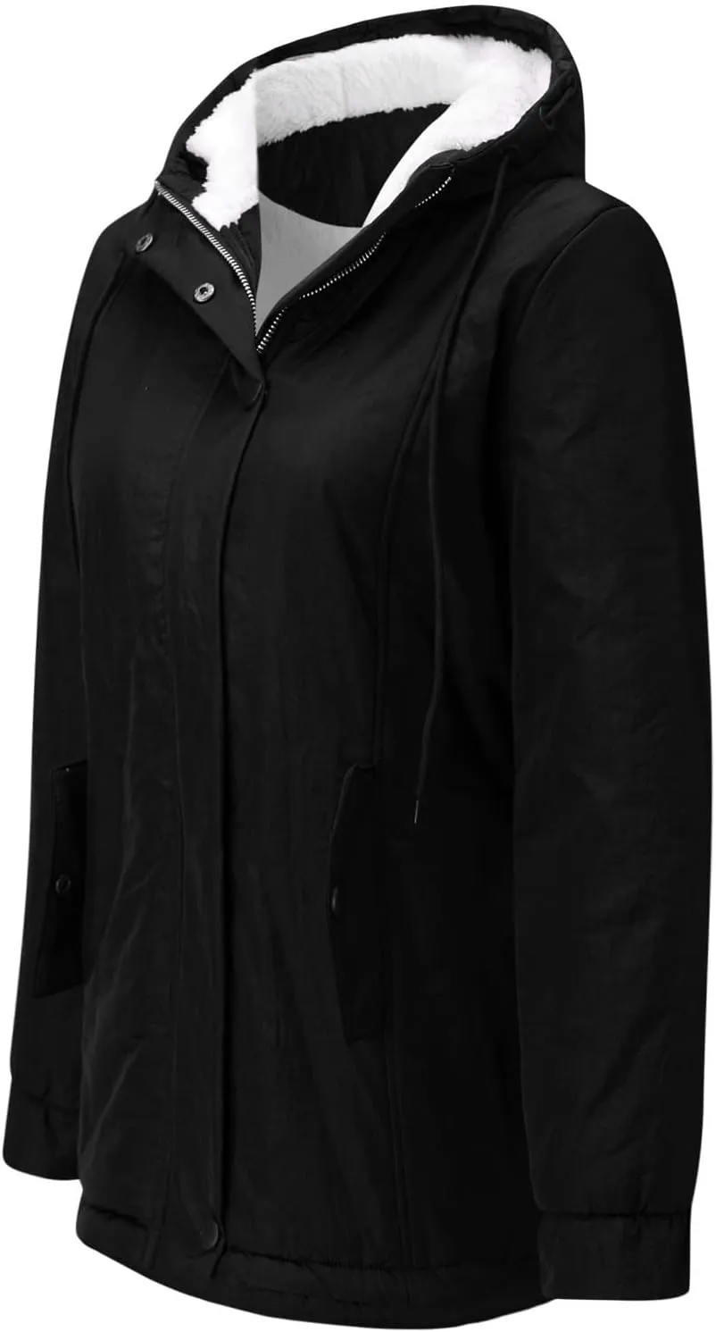 Women Faux Fur Hooded Parka Coats Winter Fleece Sherpa Lined Mid Length Jacket Winter Outwear Windproof Warm Jackets